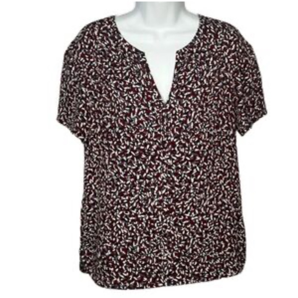 Tory Burch Small Burgundy Grey white print split neck Blouse Short Sleeves